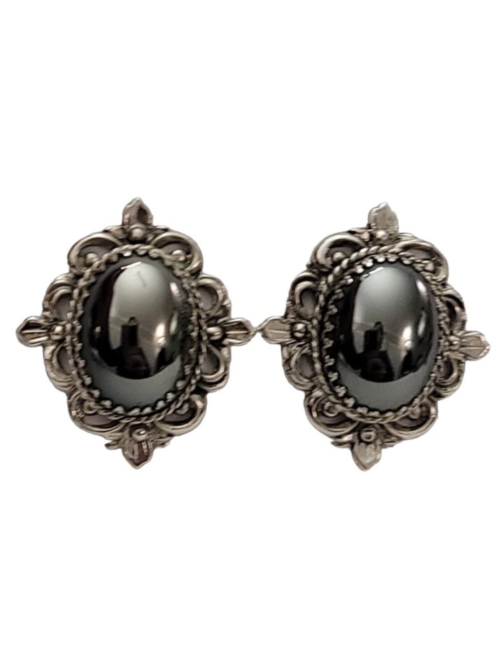 Whiting & Davis Co. Silver Tone Glass Cab Clip-On Earrings, Signed K178